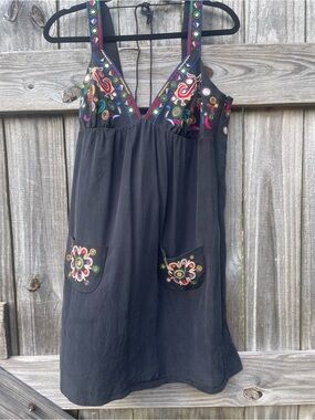 Tibi Black Silk Dress with Embroidered Multicolor Accents Sz 10